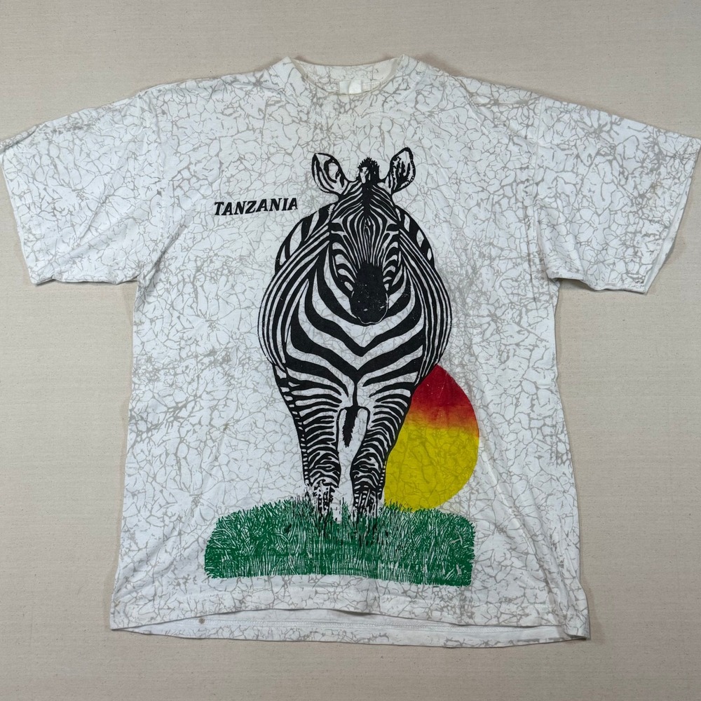 Vintage Tanzania Zebra Graphic T-Shirt White Crackle Print Single Stitch Large